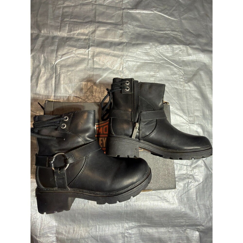 Harley Davidson Elora Leather Boots Womens Size 8 M Black Harness Ankle Zip